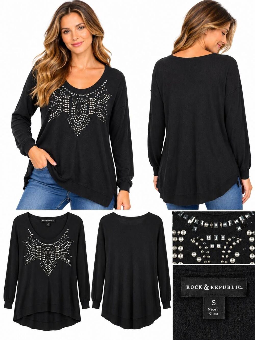 Rock & Republic S Black Rhinestone Stud Sweater Tunic